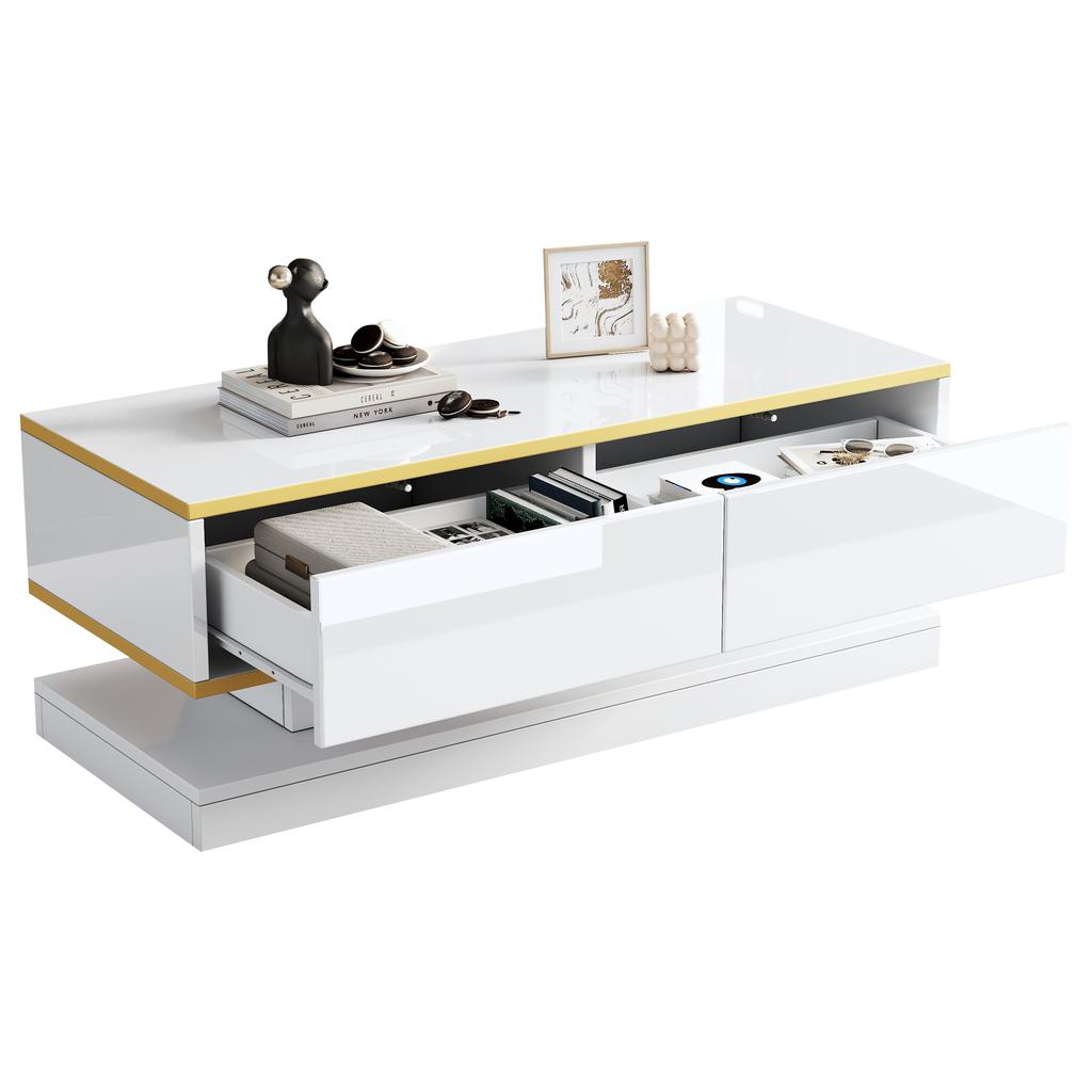 Set Moderno Bianco Lucido per Supporto TV e Tavolino, Console TV con 3 Cassetti, Tavolino con 2 Cassetti, Bordi Dorati, per il Salotto