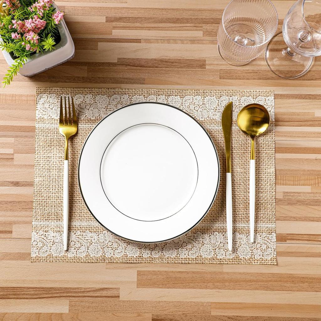 Lallisa 100 Pcs Burlap Printed Paper Place Mats 14 x 10 in Lace Disposable Dining Table Placemat Rectangle Brown Kitchen Table Mat Vintage Place Mat