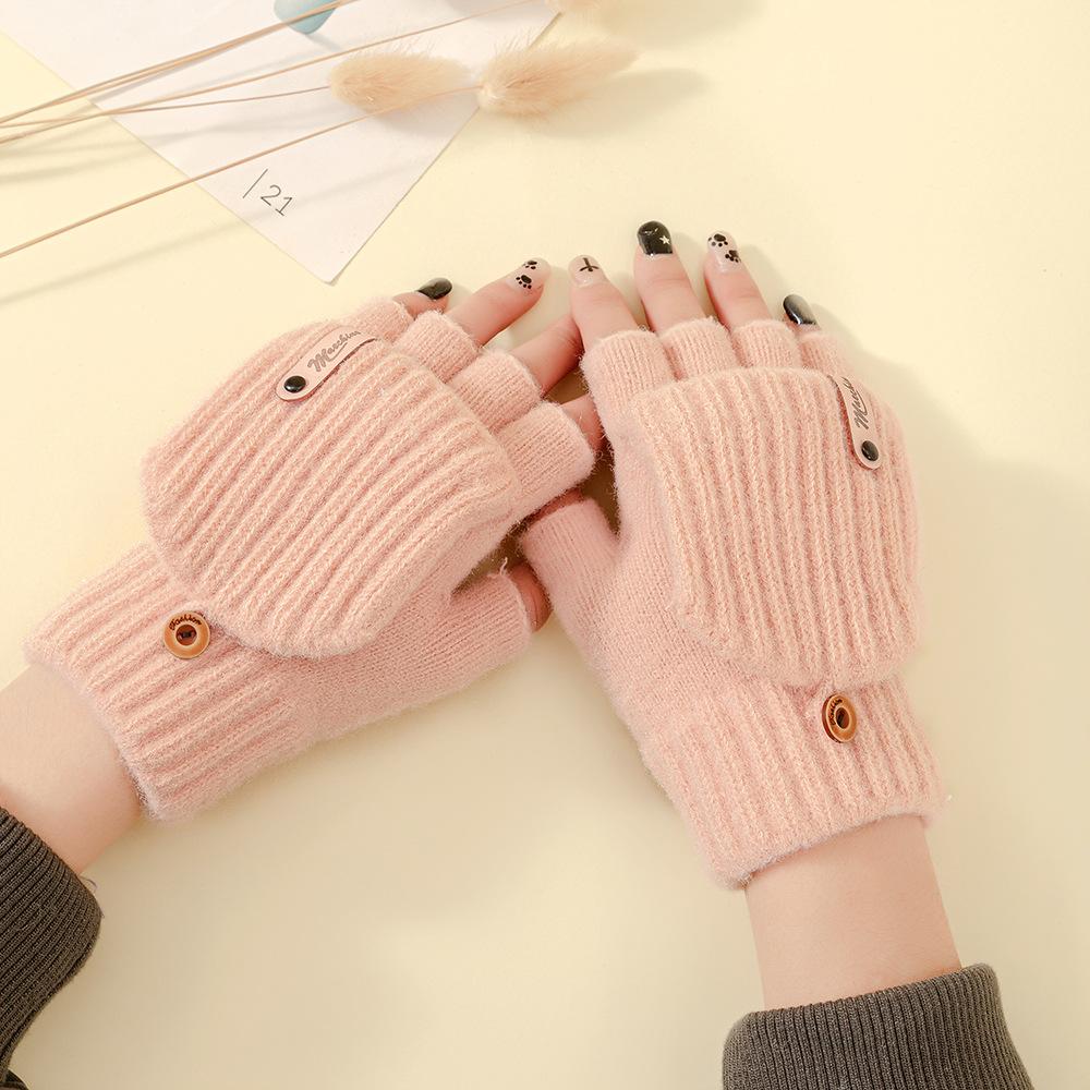 

Зимние теплые перчатки без пальцев с откидным верхом, вязаные плюшевой нитью, для велоспорта на открытом воздухе One Size розовый