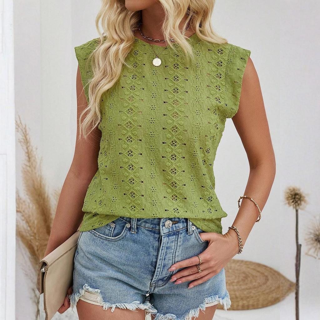 Women's Sleeveless Round Neck Casual  T-Shirt Solid Color Top