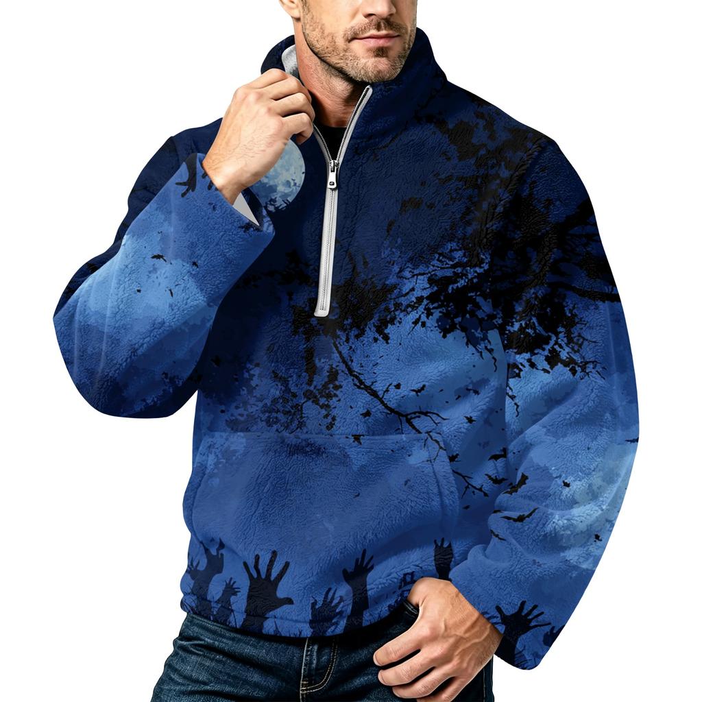 Men's Halloween Print Flannel Zip-Up Sweatshirt with Stand Collar, Plus Size Fall Winter Casual Top