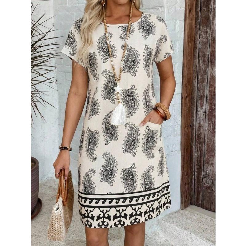 Women's Casual Geometric Print Short Sleeve A-Line Dress, Summer Boho Style