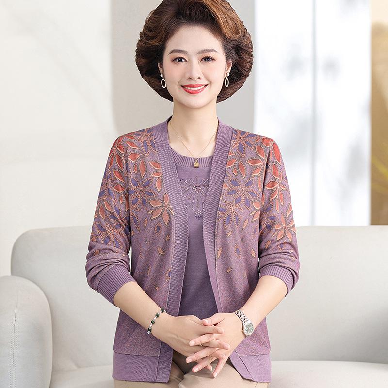 

Spring Two-Piece Set: Women s Knitted Cardigan & Top for Middle-Aged and Elderly L (for 40-50 kg) фиолетовый