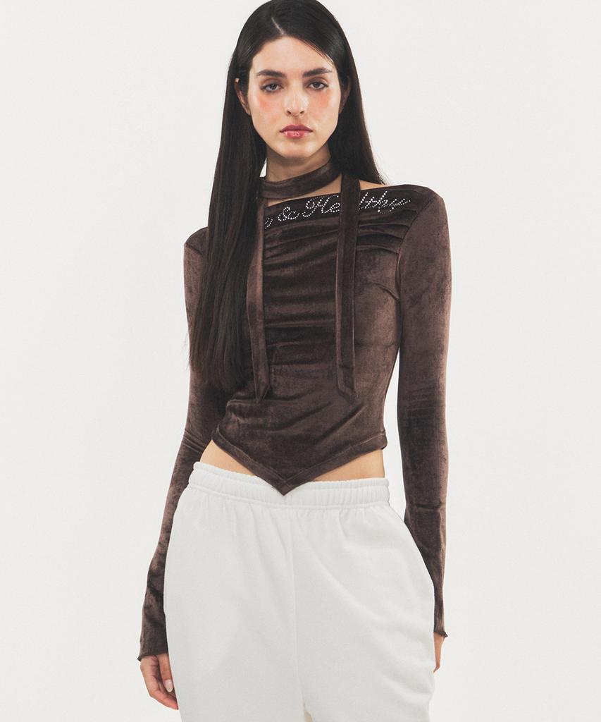 RAWMANTICS Shine Velvet Drape Cubic Scarf Top Brown