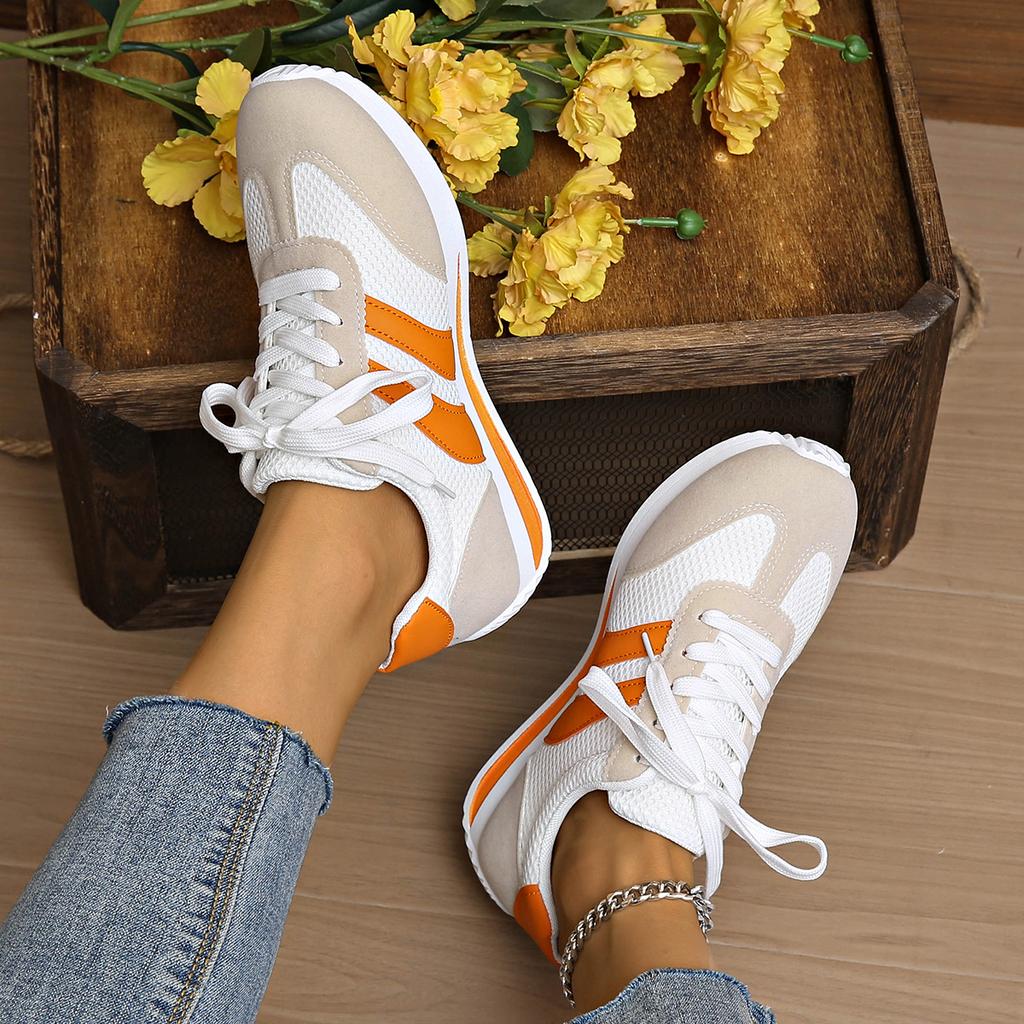 Damskie Lekkie Buty Sportowe - Białe i Pomarańczowe Ozdobne Sznurowane Buty, Oddychające Buty Fitness - Całoroczna Amortyzowana Podeszwa Antypoślizgowa
