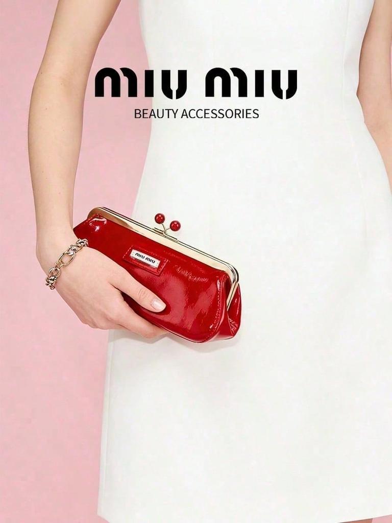 MIUMIU Glossy Red Patent Leather Makeup Bag Cherry Metal Clasp Portable Cosmetic Clutch Pouch for Women Travel