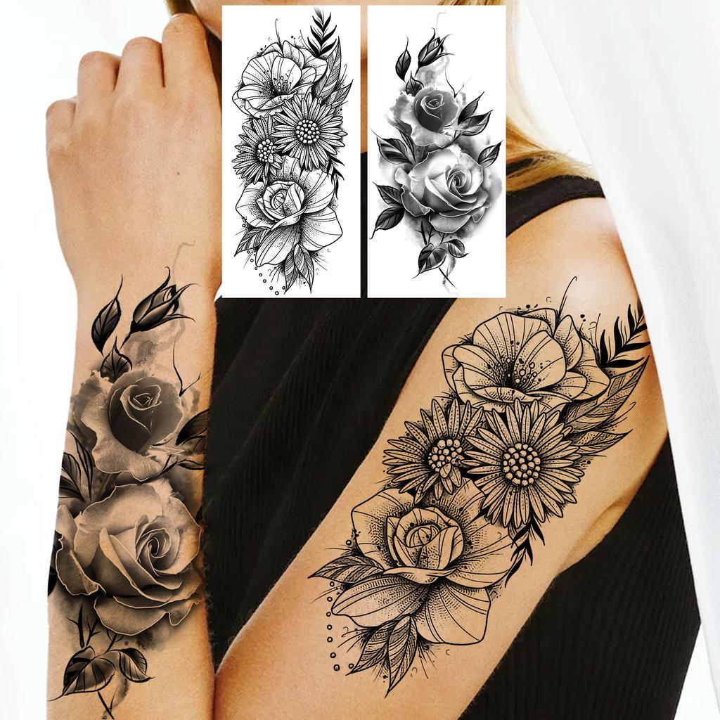 1 Sheet Sunflower Rose Snake Flower Temporary Tattoos For Women Girls Forearm Arm Body Back Tattoo Sleeve Self Adhesive Beauty