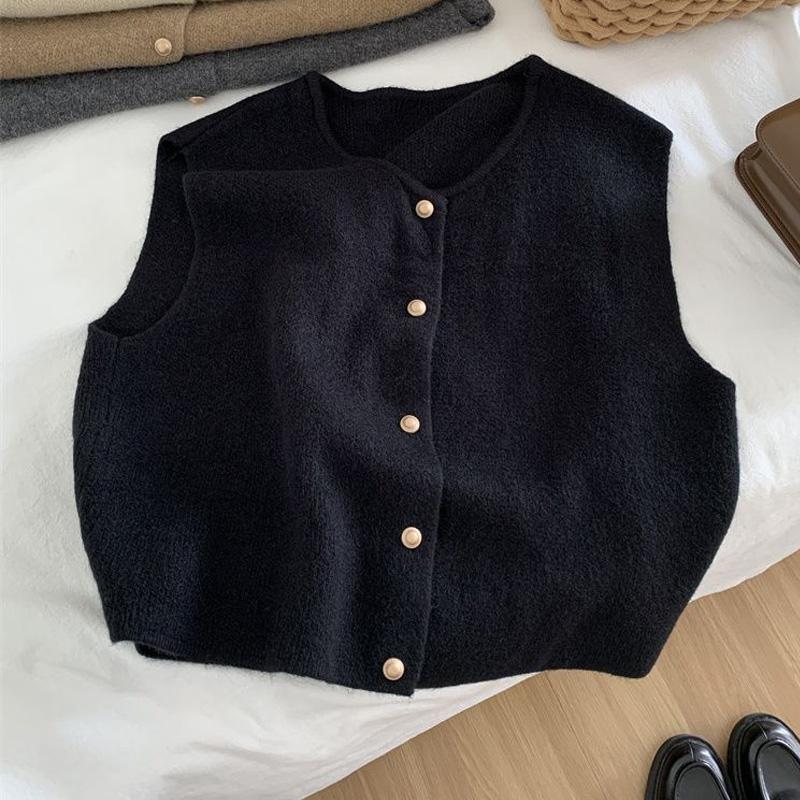 Fashion Single Breasted O Neck Knitted Women Sweater Vest Korean Casual Solid Sleeveless Women Cardigan Vest Casual Autumn Winter Knit Waistcoat 30990