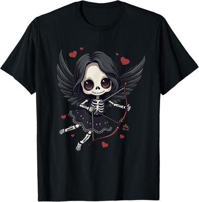 Gothic Skeleton Cupid Dark Valentine Kawaii Angel Graphic Tee Casual Cotton T-Shirt