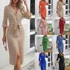 Women's Casual Button Down Belted Wrap Dress with Split Hem, Short Sleeve, Multiple Colors