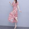 Summer New Chiffon Floral V-neck Dress Feminine Temperament Fashionable and Elegant Style Middle-aged Mother Waist A-word Long Dress