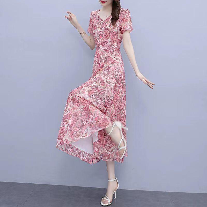 Summer New Chiffon Floral V-neck Dress Feminine Temperament Fashionable and Elegant Style Middle-aged Mother Waist A-word Long Dress