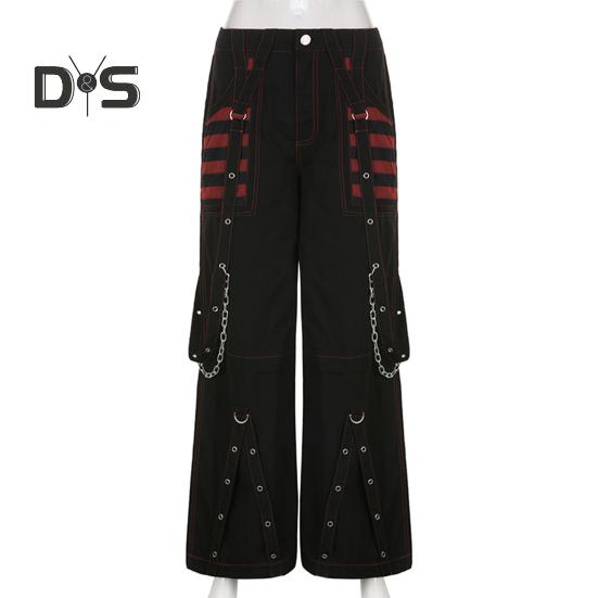 Women Pants High Waist Color Block Wide Leg Casual Trousers Loose Fit Retro Cool Long Pants Streetwear