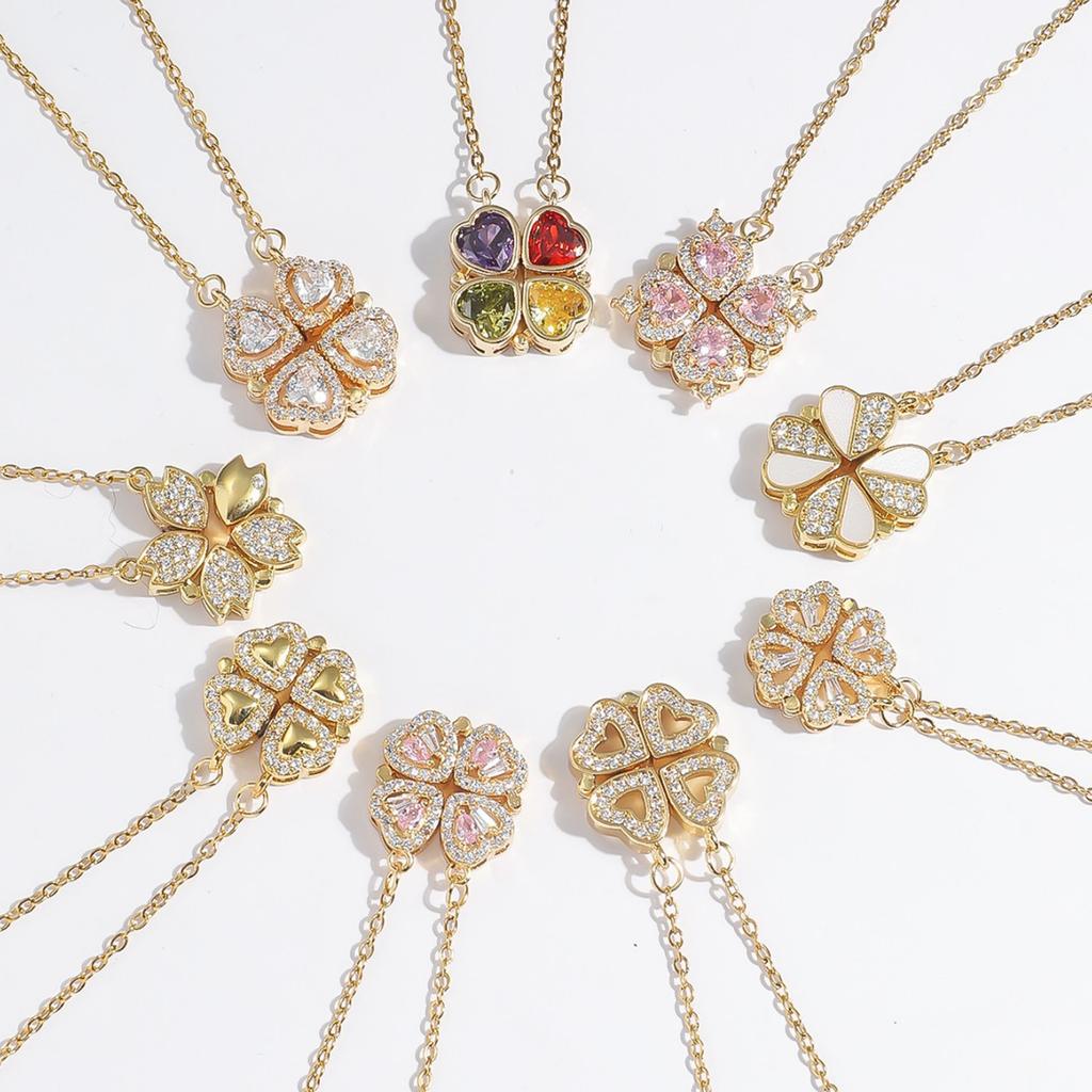 Necklace Women'S Two-Wear Heart-To-Heart Open Four-Leaf Flower Necklace Fashionable Love Folding Collarbone Chain