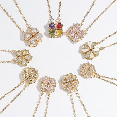 Collana da Donna a Due Usi Cuore a Cuore Fiore a Quattro Foglie Aperto Moda Amore Pieghevole Catena per la Clavicola