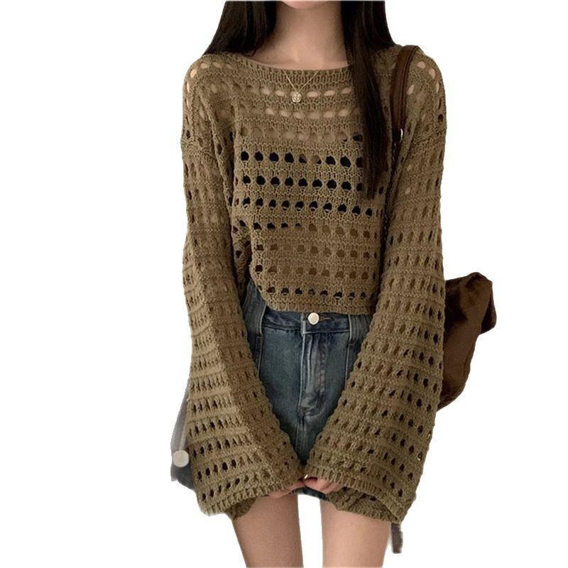 Summer loose lazy horn sleeve air-conditioning shirt hollow thin breathable blouse grid short knitted top women