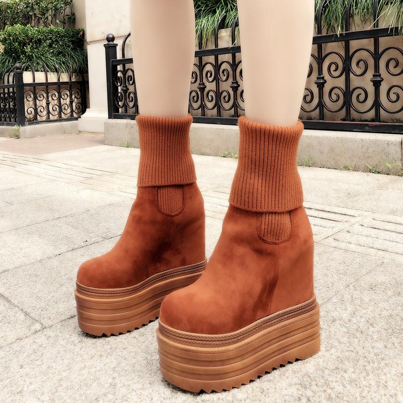 Wedges Ankle Boots White Black Rubber Sole Shoes Platform Boots Women Lacing Autumn Platform Heels Shoes Heel 14 cm  boots women