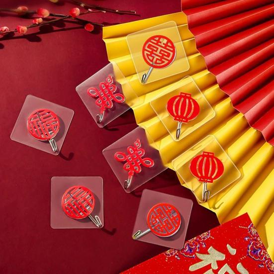 8Pcs Chinese Style Self-adhesive Hooks Drill-Free Installation Festive Decor Hooks Red Lanterns Chinese Knots Hooks for Spring Festival Home