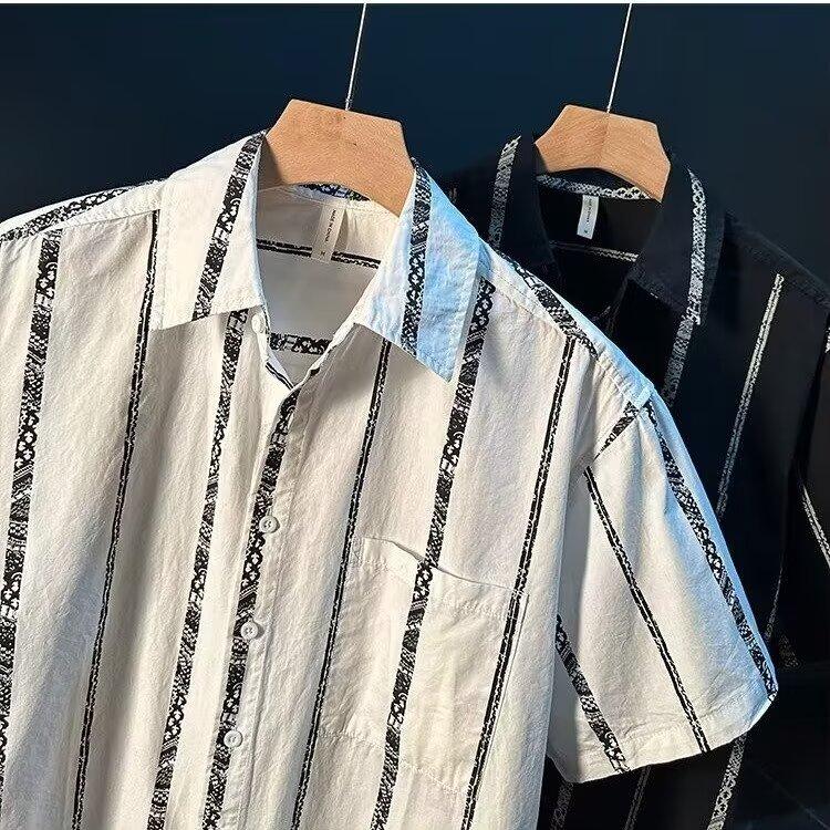 Spring Summer Men's Striped Top Cool Breathable Business Commuter Turn-down Collar Short Sleeve Shirt