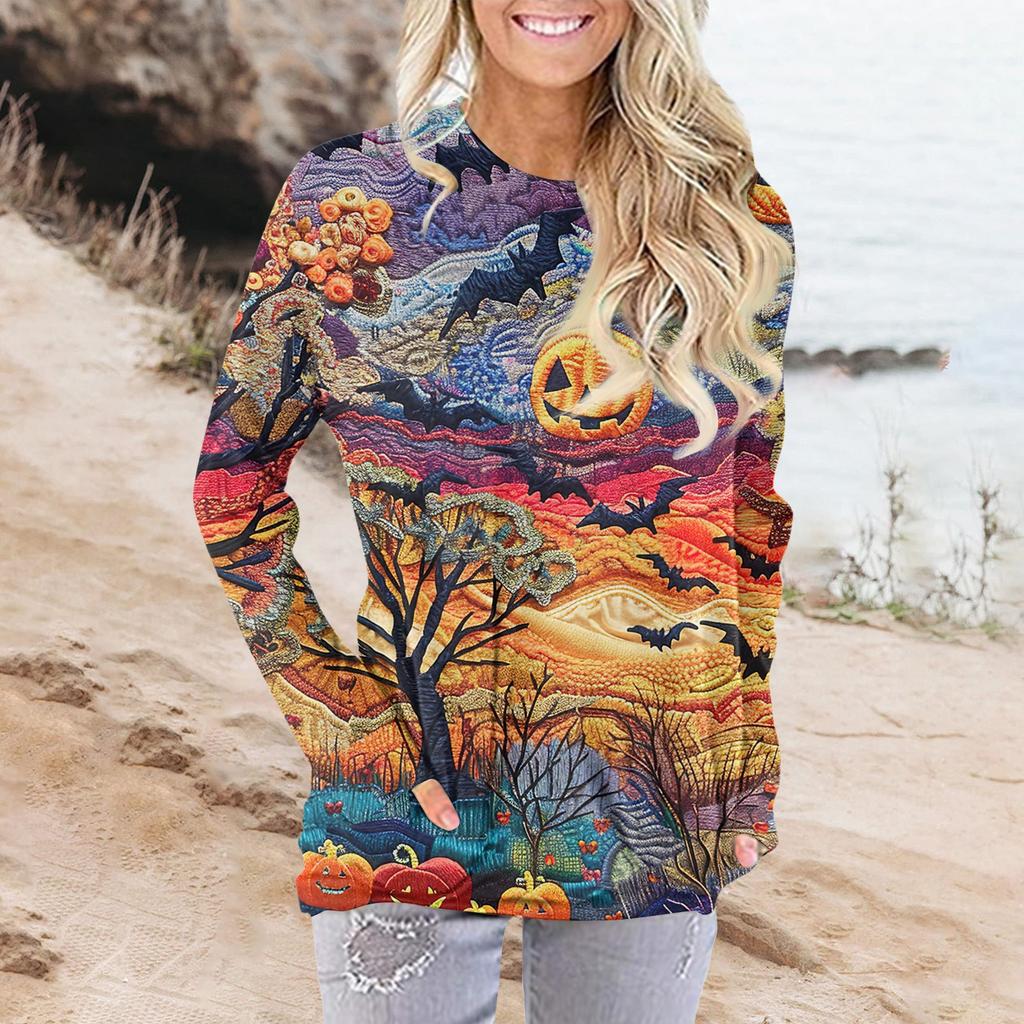 Damenmode Lässig Rundhals Print Langarm Tasche T-Shirt Top