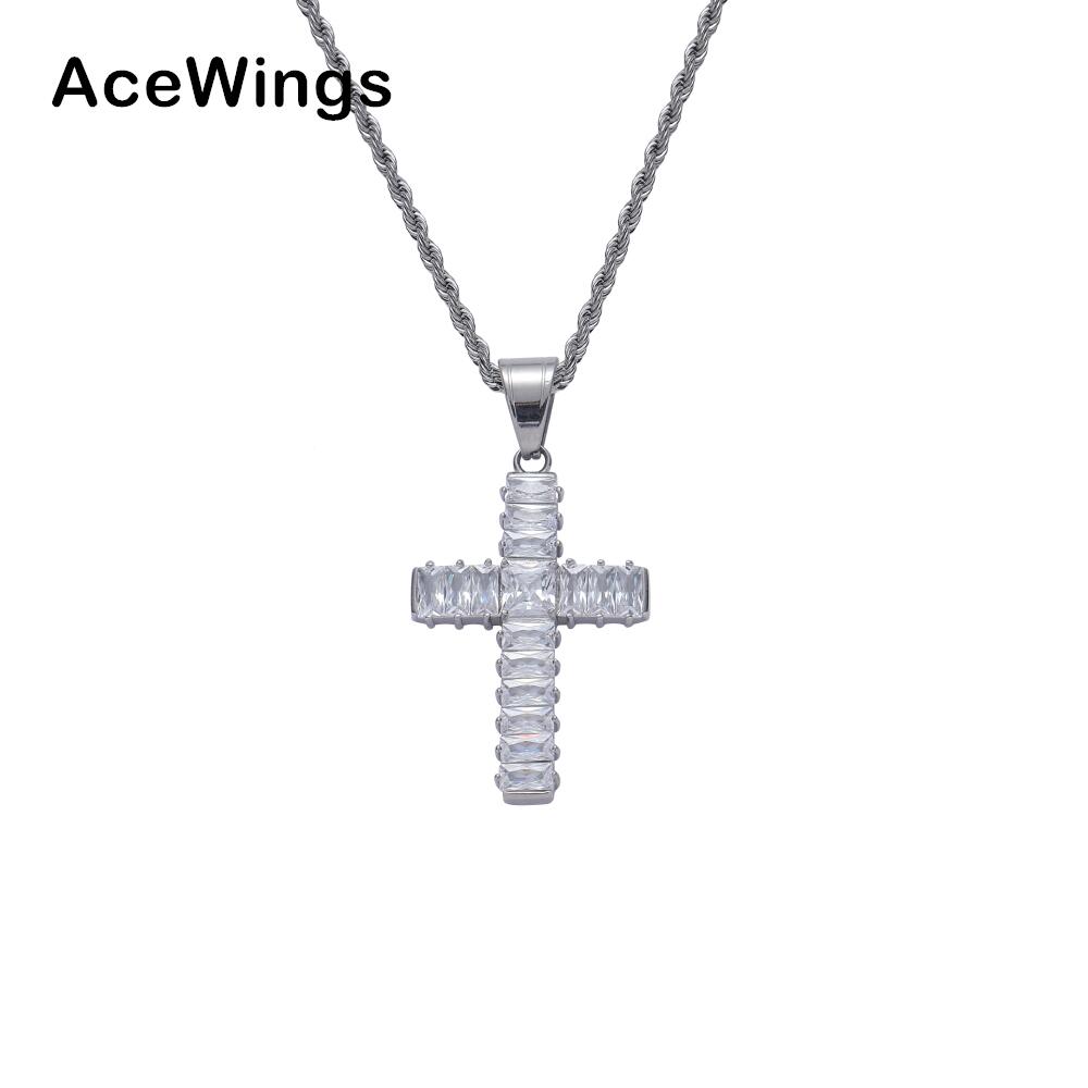 SN266 Hip Hop Cross Pendant Necklace with Crystal & Rhinestone Stainless Steel Rope Chain Iced Out Design