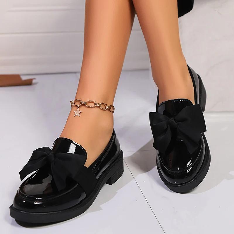 Fashion 2025 Spring Black Bow Tie Loafers Women Preppy Platform Thick Sole Pumps Lady British Retro Style Office Pu Leather Shoes Mujer