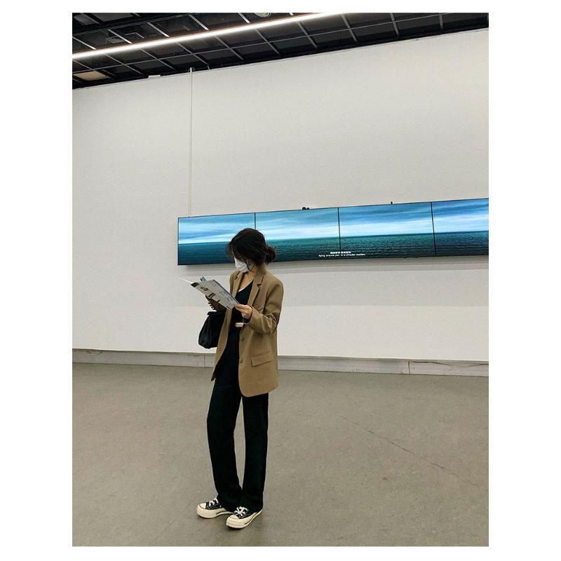 2025 Spring Autumn Women's Brown Blazer, Korean Style Loose Fit Casual Jacket with Notched Lapel, Internet Famous Office Wear for Daily Outfits