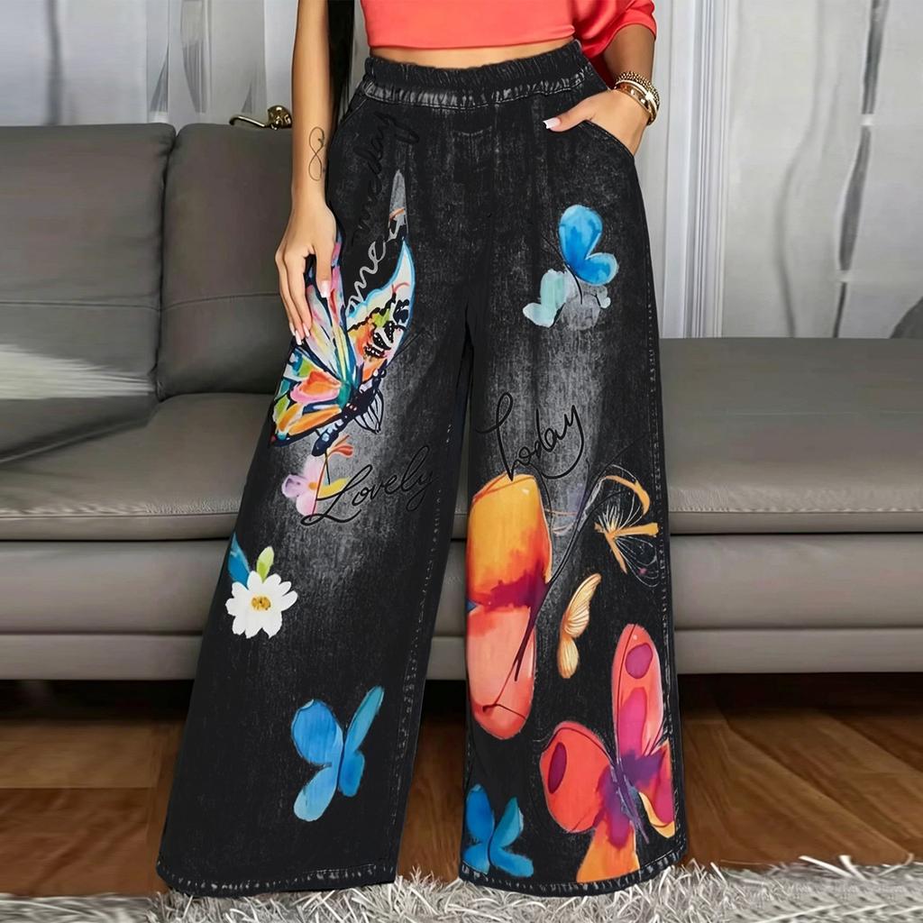 Women’s Casual Wide Leg Straight Pants with Floral and Butterfly Pattern Faux Denim Elastic Waistband Lightweight Trousers for Daily Wear