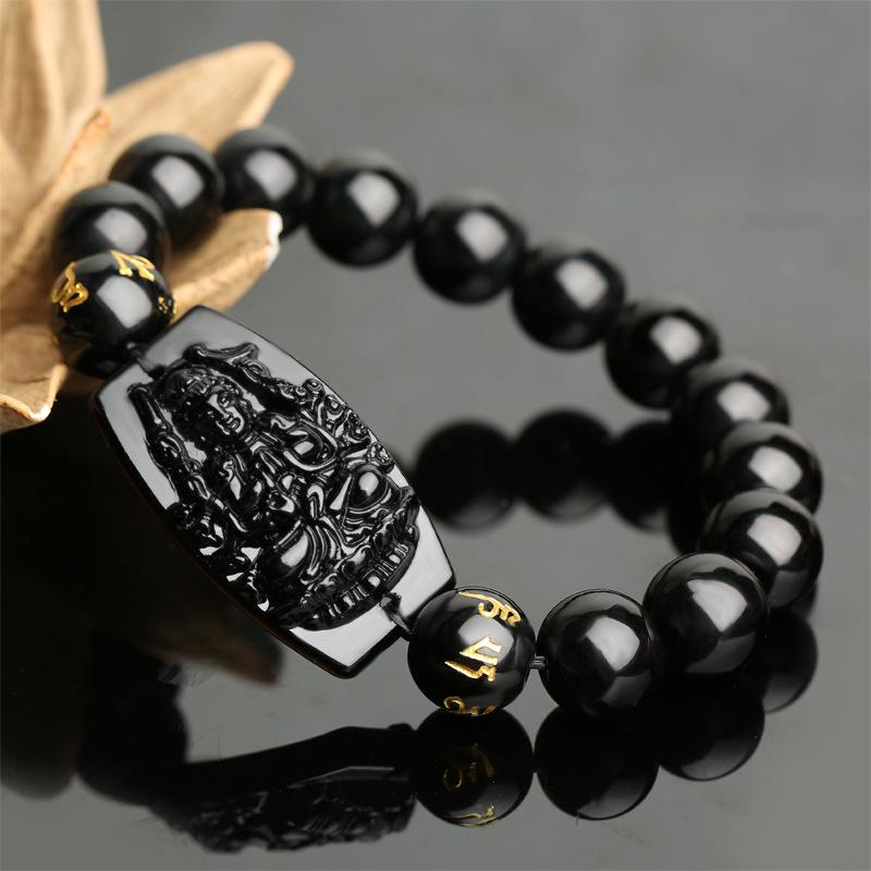 Obsidian Zodiac Guardian Buddha Bracelet for Couples – Guanyin & Eight Gods, Unisex