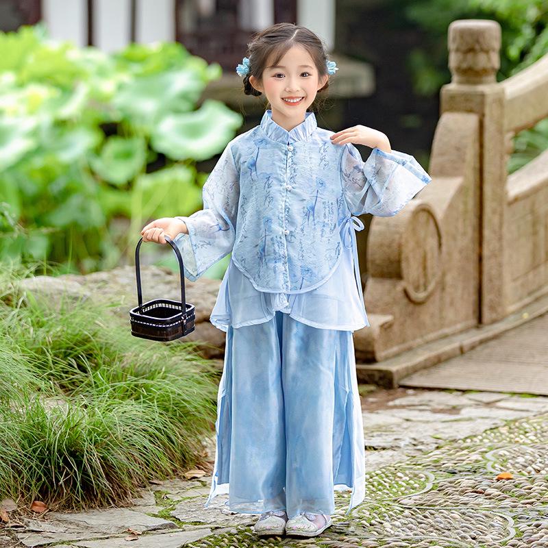 Boys' and Girls' Chinese Style Hanfu Set for Spring/Autumn – Long Sleeve Light Blue Tang Suit for Mid-Autumn Performance