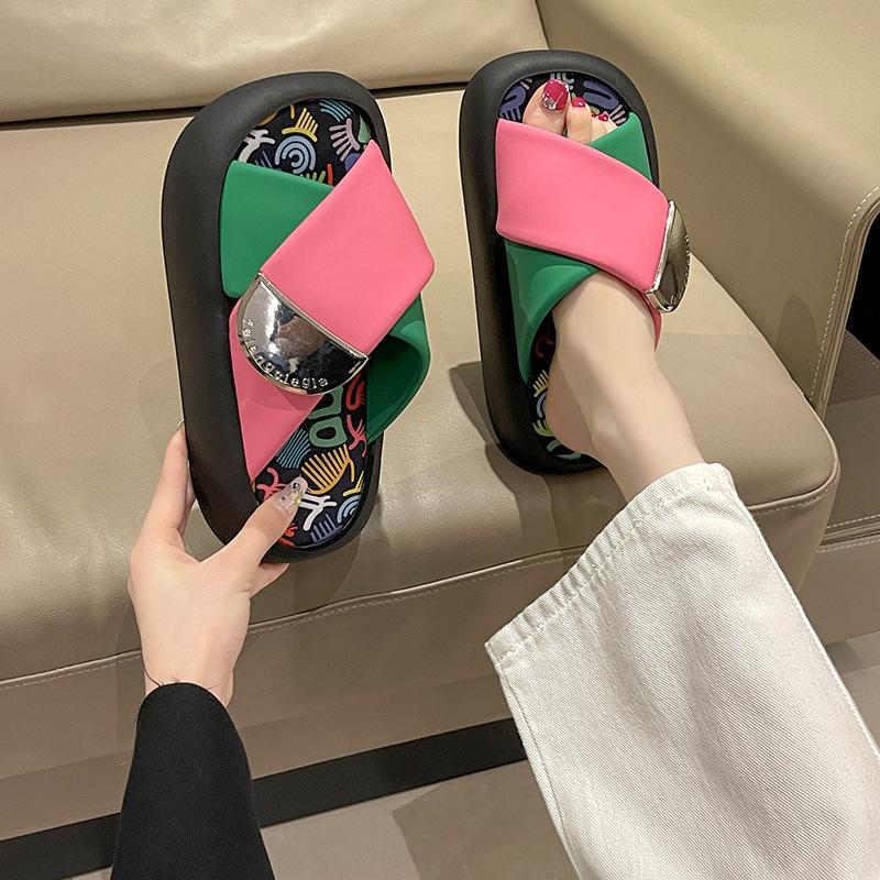 Fashion Female Shoes Summer Clogs Woman Multicolored Sandals Cross-Tied Low Ladies' Slippers Rubber Flip Flops Platform 2025 Beach