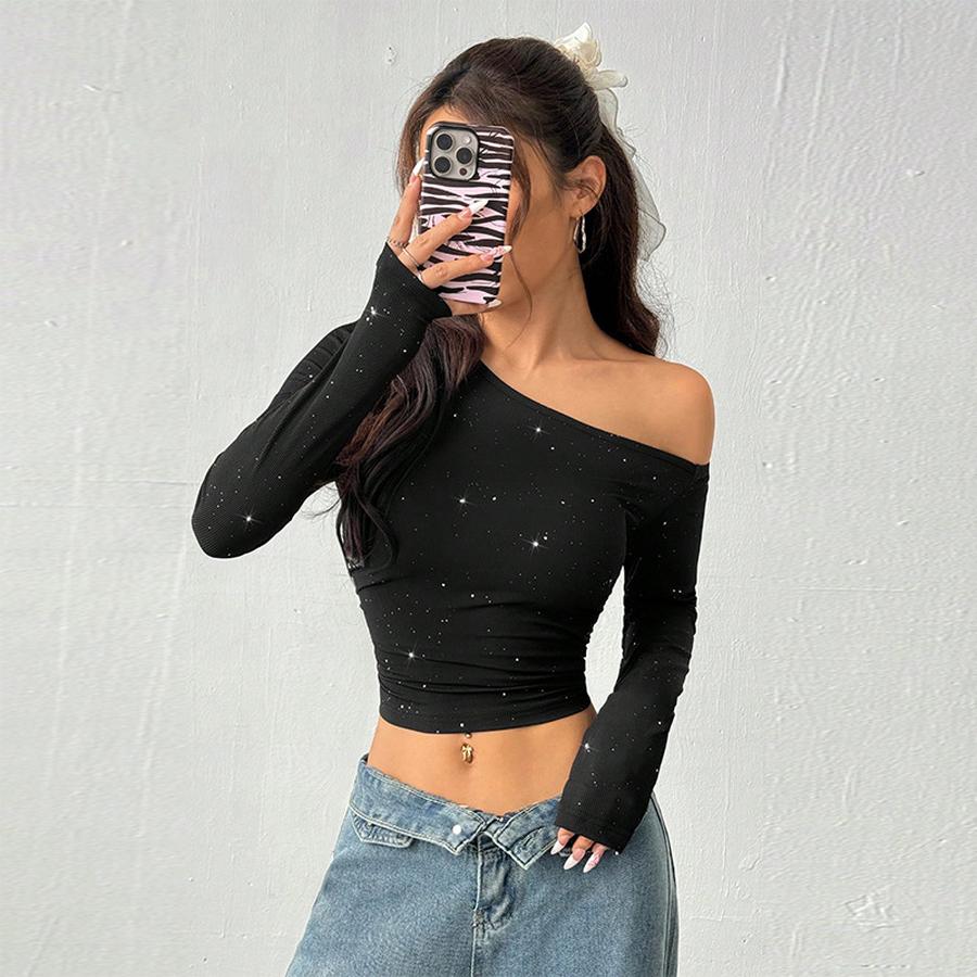Rocker Studded Shoulder Strap Long Sleeve T-Shirt Women Spring Imported Ins Slim Knit Cami Top