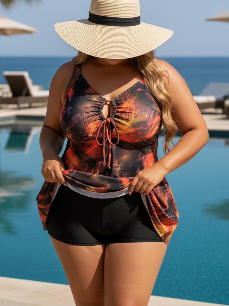 Costume da Bagno Tankini Floreale Taglie Forti Europeo e Americano con Gonna e Pantaloncini da Surf per Donna - Rosso/Nero