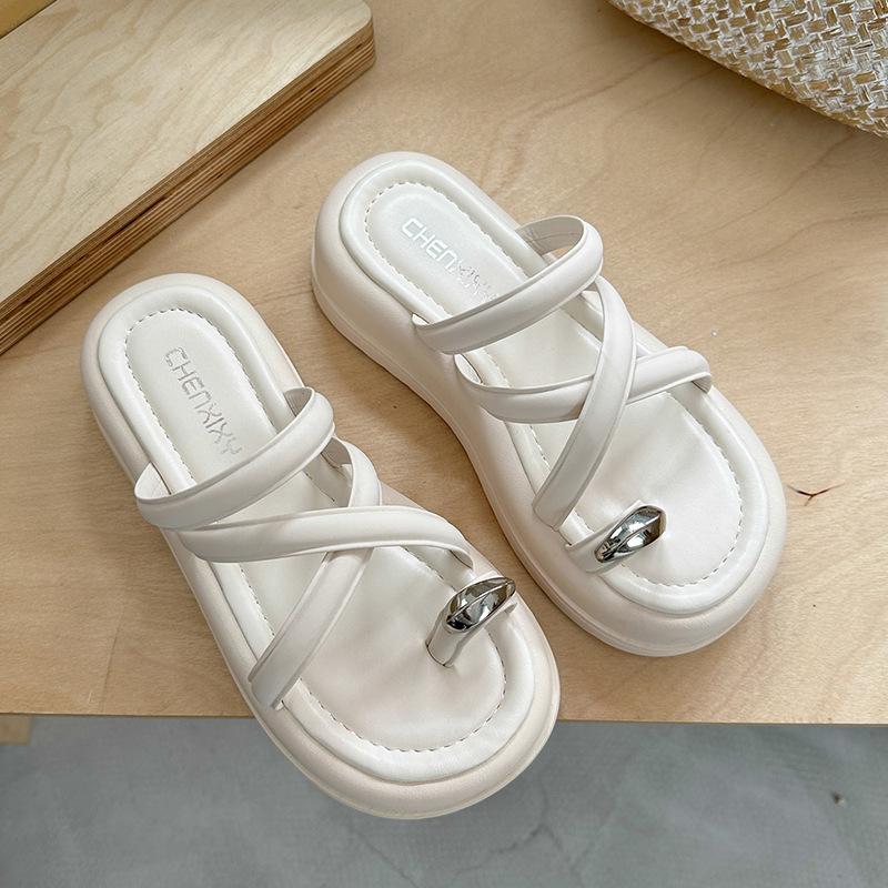 

Summer cool slippers women s outer wear 2025 new thick-soled height-increasing small beach shoes high-end set toe half slippers 40 бежевый