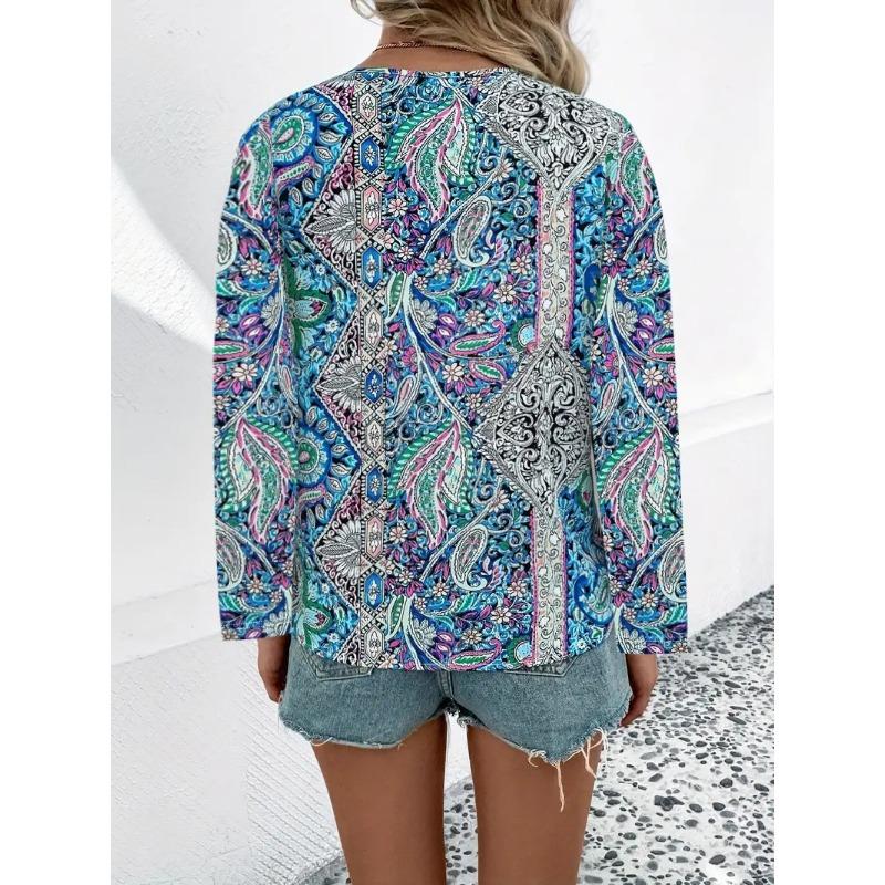 Women V Neck Boho Paisley Print Long Sleeve Blouse Multi Color Ethnic Loose Fit Summer Vacation Casual Top