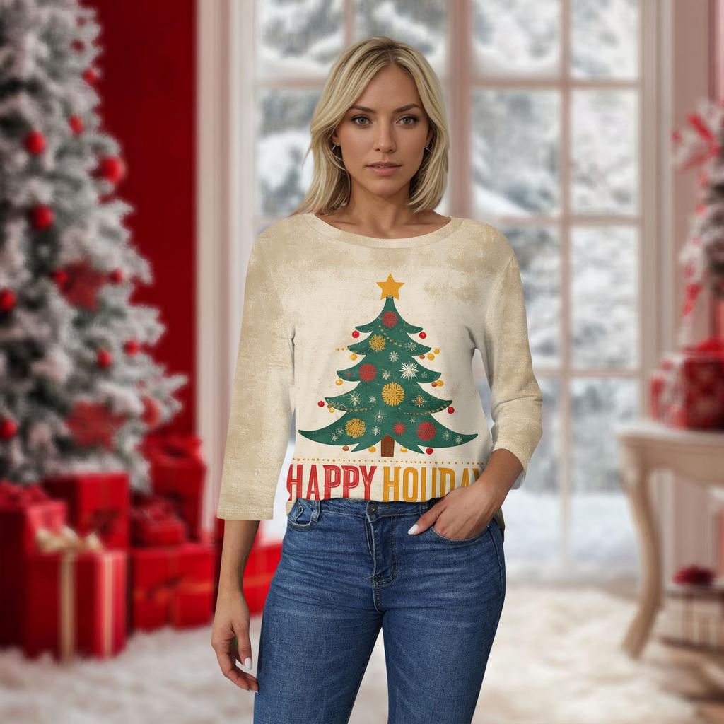 Top de damă cu decolteu O cu mâneci 3/4 cu imprimeu de Crăciun