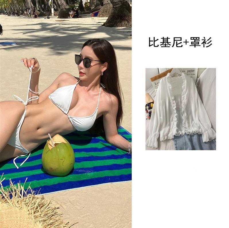 New INS bikini swimsuit with feminine vibes, European and American small bust gathering, white bikini, solid color seaside bikini M