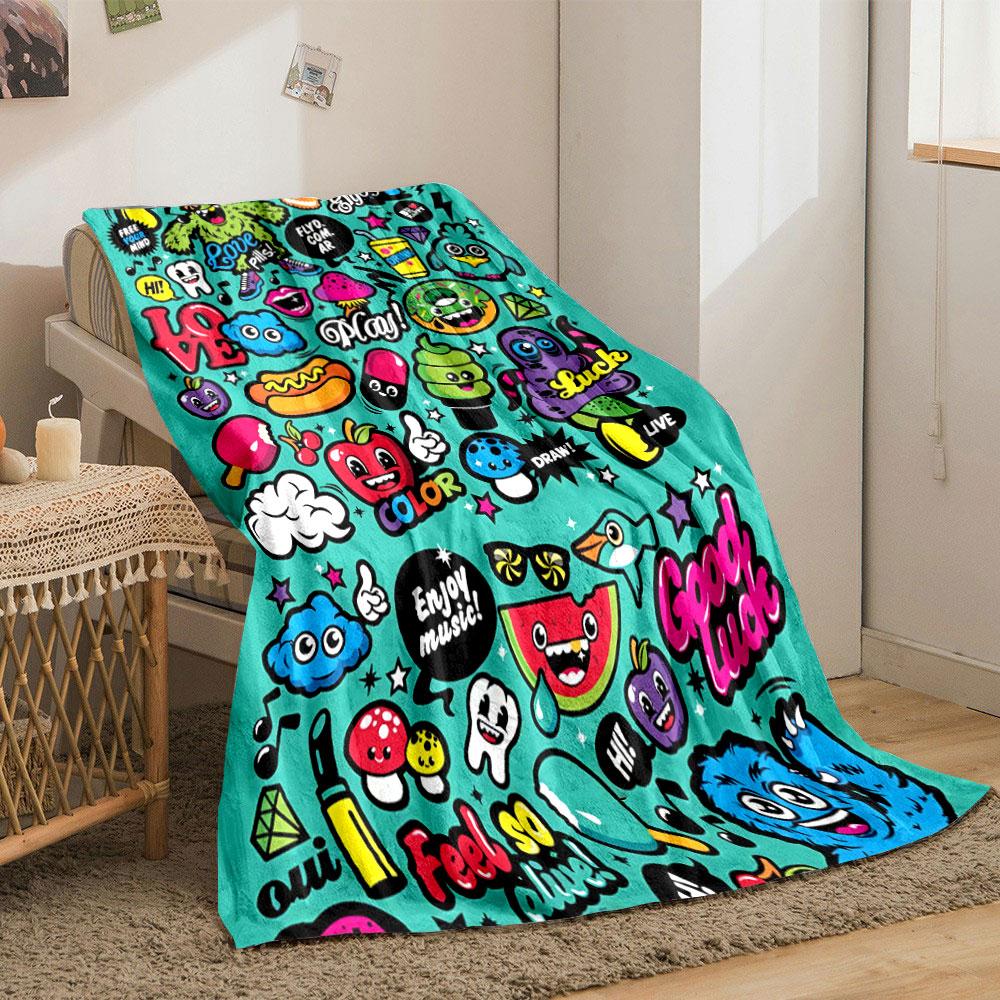 Colorful Cartoon-style Doodles and Text with Playful and Lively Designs. for All Seasons Blanket Lunch Break Throw Gift