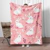 Pink Rabbit Pattern Flannel Blanket Cute White Bunnies Floral Design Soft Cozy Throw Blanket for Baby Nursery Kids RoomDecorGift