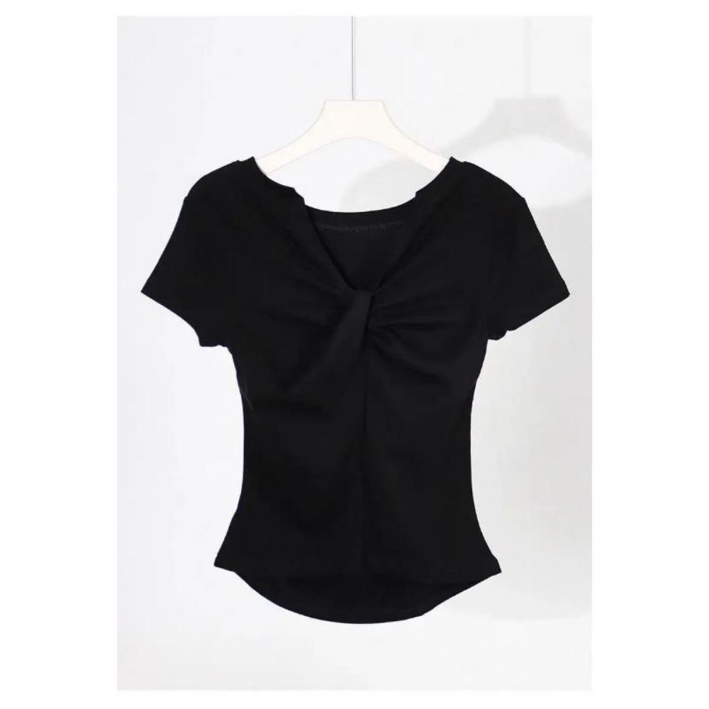 VAYLA Slimming Long Sleeve Black Knit T-Shirt for Women - One-Piece Wrap Around Style with Low Cut - Ins Top Slimming Shape-Wear