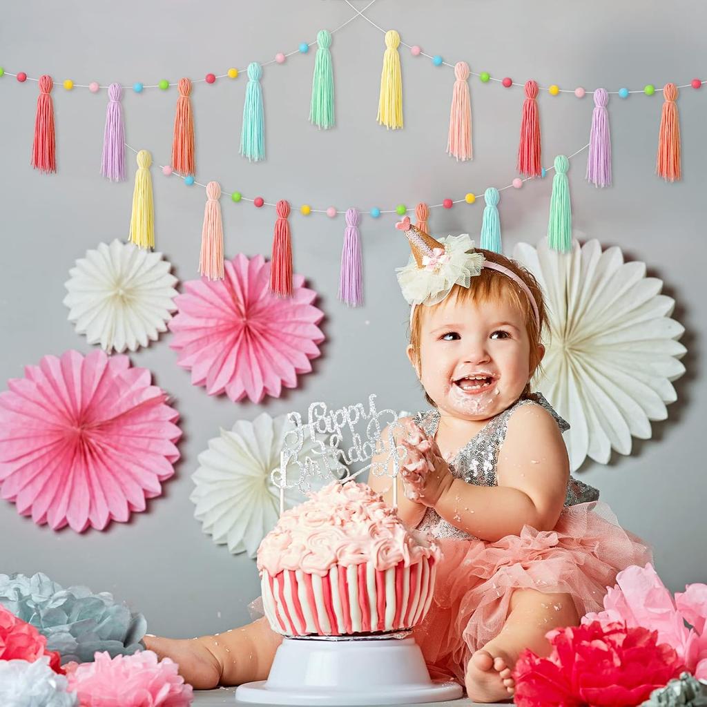 Colorful Boho Tassel Garland Rainbow Pom Pom Each 50'' Colorful Classroom Decoration Boho Banner for Kid Nursery Wall Decor Baby Shower Back To