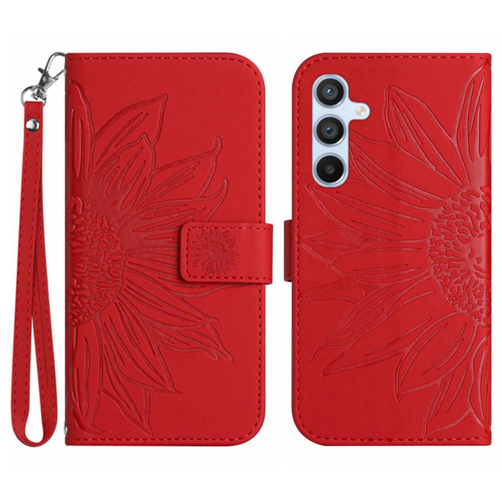 

HT04 For Samsung Galaxy S25+ Case Sunflower Imprint Leather Wallet Phone Cover with Wrist Strap B