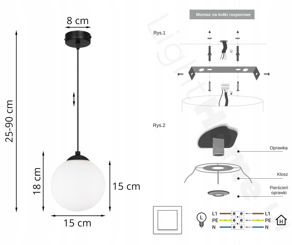 Pendant ceiling lamp, sphere, black, LED, 15cm