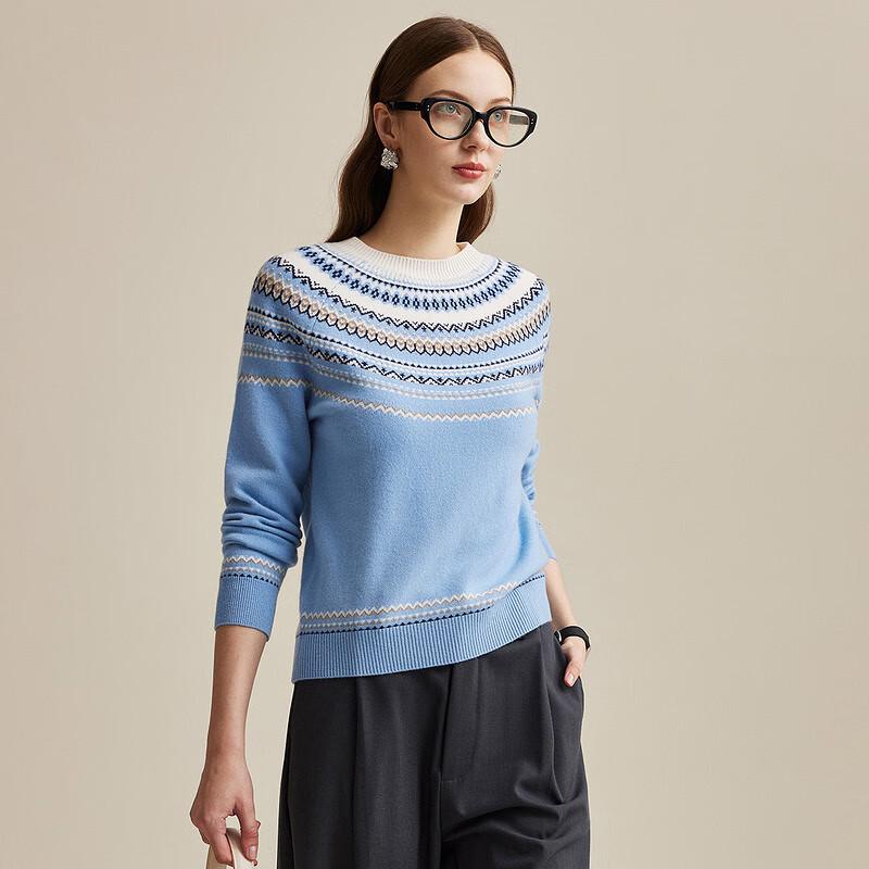 Damen High-End Fair Isle Jacquard Rundhals Wollpullover