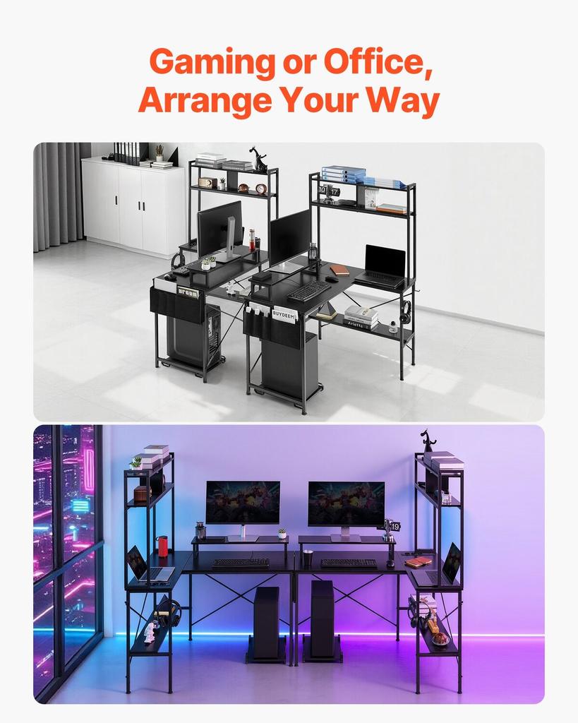 L-Shaped Gaming Desk with LED Lights, 1.2m Reversible Corner Computer Desk with Monitor Stand, Power Outlets, Movable CPU Stand & Shelf, Modern
