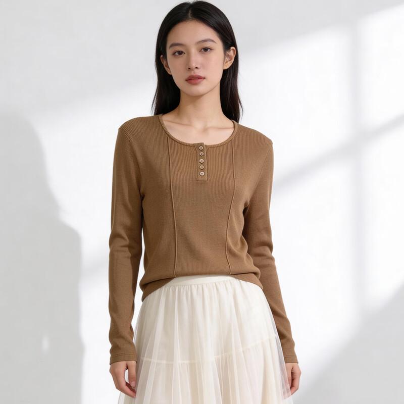 Jinjv Women s Wool Blend Half-Placket Knit Top M