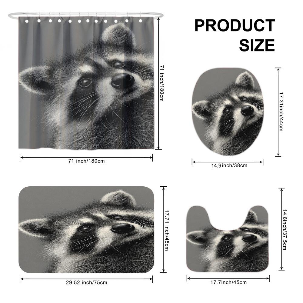 4Pcs Cute Raccoon Print Shower Curtain Set with Non-Slip Bath Mat, Toilet Lid Cover, Contour Rug & 12 Hooks, Bathroom Decor