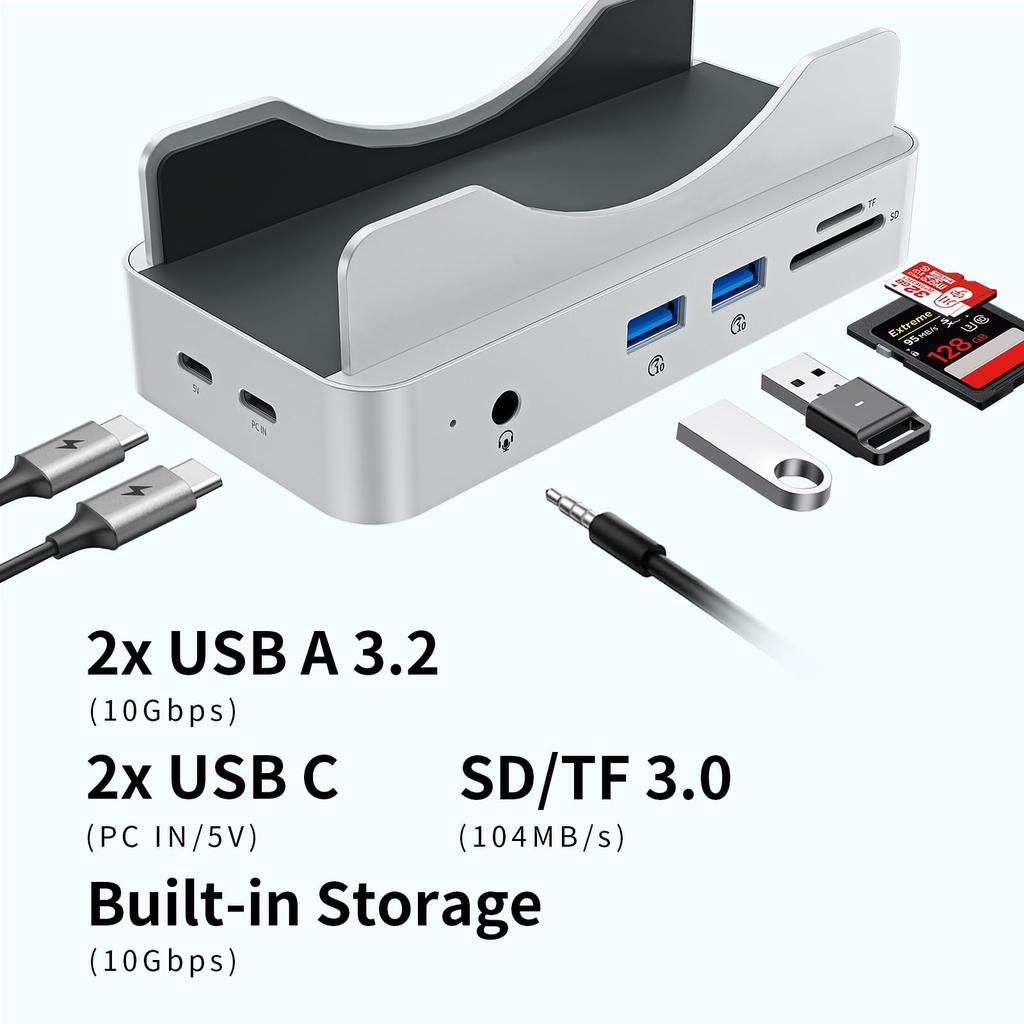 Phixero Mac mini M4 NVMe SSD Aluminum Stand 10Gbps Design Dock, Case, 6-in-1 Hub, USB-A, SD/TF Reader, Space-Saving
