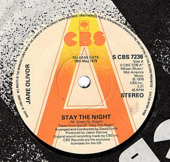 

7-дюймовая пластинка JANE OLIVOR Stay The Night SCBS7236PROMO CBS 1979 UK Поп Б/у