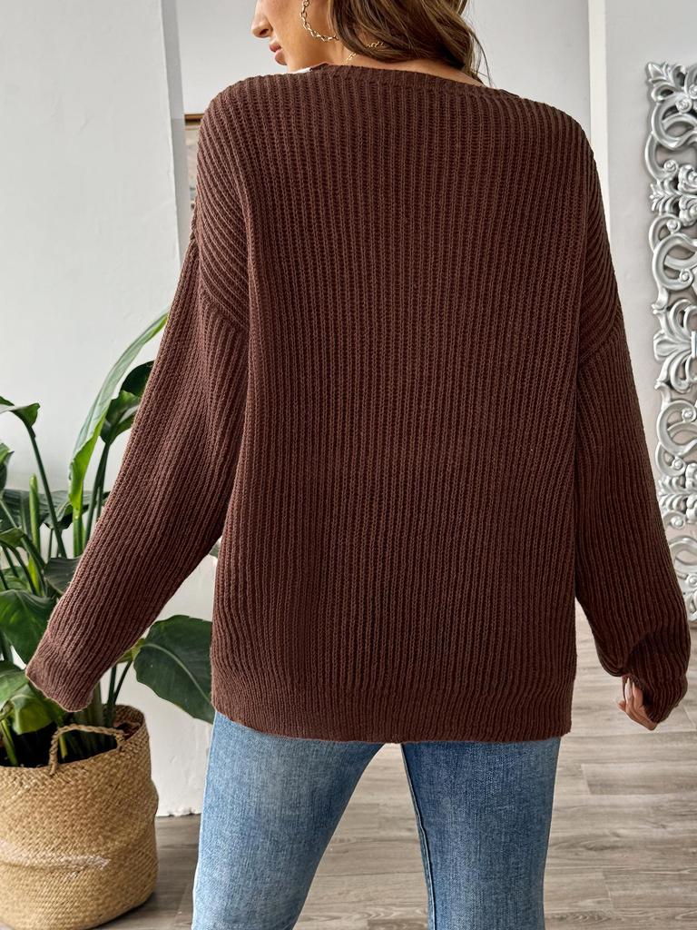 Women's Color Block Patchwork Deep V-Neck Loose Sweater - Long Sleeve Pullover for Autumn/Winter